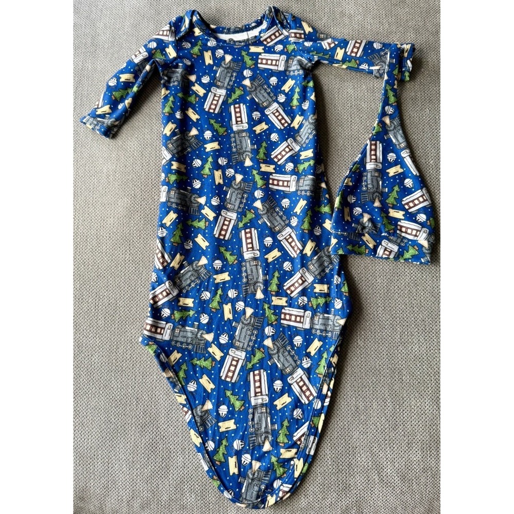 Charles Project Kids NB Bamboo Knot Gown Hat Set Blue Train Print Newborn